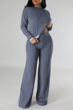 Grey Casual Stripe Contrast Round Neck Long Sleeve Tops and Wide Leg Pants Fall Winter Knitted Two Pieces Sets