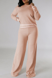 Grey Casual Stripe Contrast Round Neck Long Sleeve Tops and Wide Leg Pants Fall Winter Knitted Two Pieces Sets