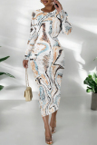 Black Grey Geometric Print O Neck Long Sleeve Casual Outing Bodycon Pencil Midi Drsss