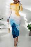 Yellow Blue Ink Watercolor Print O Neck Long Sleeve Casual Outing Vacation Wrap Maxi Dress