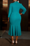 Lake Green Jewel Turndown Collar 3/4 Sleeve Waist Belt with Buckle Fishtail Pleated Hem Plus Size Office Bodycon Midi Dress