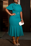 Lake Green Half A Turtleneck Cape Sleeves Belted Waist with Buckle Fishtail Flared Hem Office Wear Plus Size Bodycon Midi Dress