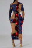 Purple Christmas Party Outfits Snowman Snowflake Print Crewneck Long Sleeve Bodycon Pencil Midi Dress
