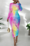 Yellow Blue Ink Watercolor Print O Neck Long Sleeve Casual Outing Vacation Wrap Maxi Dress