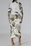 Black Grey Geometric Print O Neck Long Sleeve Casual Outing Bodycon Pencil Midi Drsss