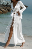 White Sexy Vacation Tie-front  Lace Up Ruffle Trim Suntan Smock Dress Swimwears Cover Up