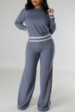 Grey Casual Stripe Contrast Round Neck Long Sleeve Tops and Wide Leg Pants Fall Winter Knitted Two Pieces Sets