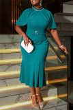 Lake Green Half A Turtleneck Cape Sleeves Belted Waist with Buckle Fishtail Flared Hem Office Wear Plus Size Bodycon Midi Dress