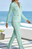 Light Stripe Zipper Contrast Stripe Mandarin Collar Long Sleeve Jacket and Straight Leg Pants Two Pieces Matching Sets