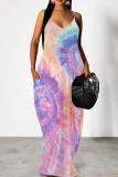 Yellow Blue Ink Painting Print Sleeveless Backless Spaghetti Strap Floor Length Casual Outing Vacation Loose Maxi Dress