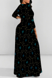 Striped Leopard Flowers Print O Neck Nine Points Sleeve Lace Up Vacation Loose Flowing Maxi Dress