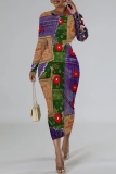 Purple Christmas Party Outfits Snowman Snowflake Print Crewneck Long Sleeve Bodycon Pencil Midi Dress