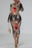 Black Grey Geometric Print O Neck Long Sleeve Casual Outing Bodycon Pencil Midi Drsss