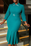Lake Green Jewel Turndown Collar 3/4 Sleeve Waist Belt with Buckle Fishtail Pleated Hem Plus Size Office Bodycon Midi Dress