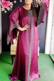 Rose Red Wide kimono Sleeve Loose fit Floor-length Cultural Gatherings Kaftan Maxi Dress with Greek Key Design Down the Center and on Cuffs