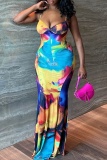 Colorful Painted Print Sleeveless Backless Spaghetti Strap Floor Length Vacation Beach Bodycon Maxi Dress