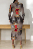 Black Grey Geometric Print O Neck Long Sleeve Casual Outing Bodycon Pencil Midi Drsss