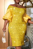 Yellow Glitter Sequin Midi Dress Off-Shoulder Puff Sleeve Knee-Length Cocktail Event Plus Size Bodycon Sparkle Wedding Guest Party Gown