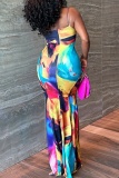 Colorful Painted Print Sleeveless Backless Spaghetti Strap Floor Length Vacation Beach Bodycon Maxi Dress