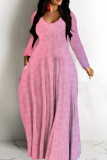 Purple Graphic Print V Neck Long Sleeve Floor Length Casual Outing Straight Loose Maxi Dress
