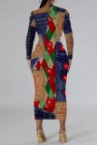 Purple Christmas Party Outfits Snowman Snowflake Print Crewneck Long Sleeve Bodycon Pencil Midi Dress