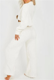 White Lamb Wool Casual Loungewear Half A Turtleneck Long Sleeve Tops and Wide Leg Pants Fall Winter Two Pieces Sets
