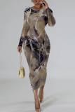 Black Grey Geometric Print O Neck Long Sleeve Casual Outing Bodycon Pencil Midi Drsss