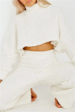 White Lamb Wool Casual Loungewear Half A Turtleneck Long Sleeve Tops and Wide Leg Pants Fall Winter Two Pieces Sets