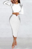 Red Bodycorn Party Club Formal Hot Drill Round Neck Long Sleeve Crop Tops and Slit Wrap Skirts Two Pieces Dress Sets