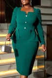 Green Square Neck Long Sleeve with Puff Shoulders Peplum Waist Slim Fit High Slit Office Wear Plus Size Bodycon Midi Dress