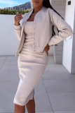 Light Grey Casual Button up Long Sleeve Cardigans and Skinny Cami Dress Fall Winter Two Pieces Sets