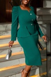 Green Square Neck Long Sleeve with Puff Shoulders Peplum Waist Slim Fit High Slit Office Wear Plus Size Bodycon Midi Dress