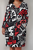 Brown Geometric Print Colorblock V Neck Long Sleeve Pocket Casual Outing Plus Size Loose Midi Dress