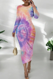 Yellow Blue Ink Watercolor Print O Neck Long Sleeve Casual Outing Vacation Wrap Maxi Dress
