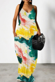 Yellow Blue Ink Painting Print Sleeveless Backless Spaghetti Strap Floor Length Casual Outing Vacation Loose Maxi Dress