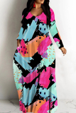 Watermelon Red Graphic Print V Neck Long Sleeve Floor Length Casual Outing Straight Loose Maxi Dress