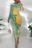 Yellow Blue Ink Watercolor Print O Neck Long Sleeve Casual Outing Vacation Wrap Maxi Dress