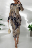 Black Grey Geometric Print O Neck Long Sleeve Casual Outing Bodycon Pencil Midi Drsss
