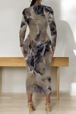 Black Grey Geometric Print O Neck Long Sleeve Casual Outing Bodycon Pencil Midi Drsss