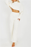 White Lamb Wool Casual Loungewear Half A Turtleneck Long Sleeve Tops and Wide Leg Pants Fall Winter Two Pieces Sets