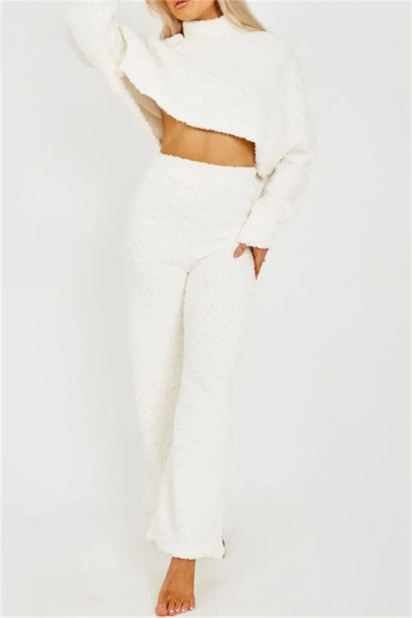 White Lamb Wool Casual Loungewear Half A Turtleneck Long Sleeve Tops and Wide Leg Pants Fall Winter Two Pieces Sets