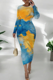Yellow Blue Ink Watercolor Print O Neck Long Sleeve Casual Outing Vacation Wrap Maxi Dress