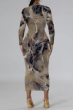 Black Grey Geometric Print O Neck Long Sleeve Casual Outing Bodycon Pencil Midi Drsss