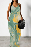 Yellow Blue Ink Painting Print Sleeveless Backless Spaghetti Strap Floor Length Casual Outing Vacation Loose Maxi Dress
