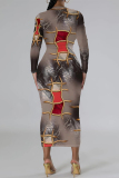 Black Grey Geometric Print O Neck Long Sleeve Casual Outing Bodycon Pencil Midi Drsss