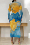 Yellow Blue Ink Watercolor Print O Neck Long Sleeve Casual Outing Vacation Wrap Maxi Dress
