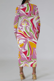 Black Grey Geometric Print O Neck Long Sleeve Casual Outing Bodycon Pencil Midi Drsss