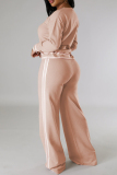 Grey Casual Stripe Contrast Round Neck Long Sleeve Tops and Wide Leg Pants Fall Winter Knitted Two Pieces Sets