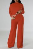 Grey Casual Stripe Contrast Round Neck Long Sleeve Tops and Wide Leg Pants Fall Winter Knitted Two Pieces Sets