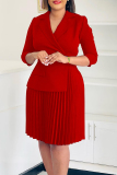 Dark Blue Turn-back Collar 3/4 Sleeve Office Lady Pleated Hem Blazer Midi Dress